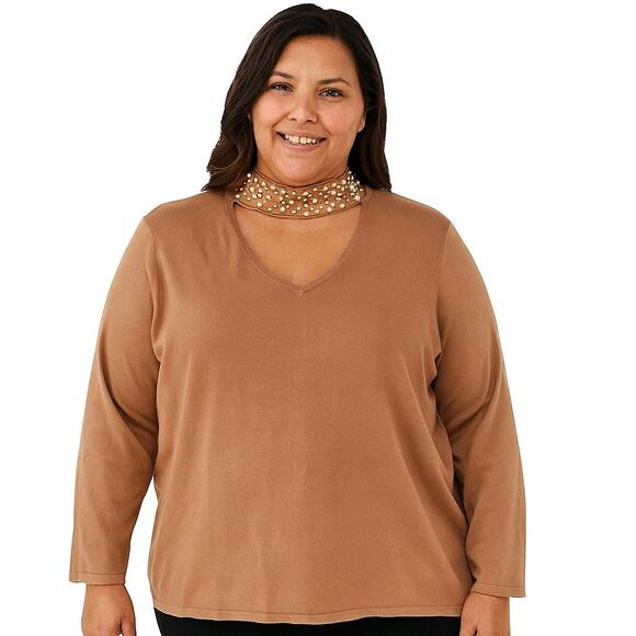 Belle Kim Gravel Faux Pearl Beaded Choker CutOut Sweater Size 3X NWOT - Picture 1 of 7